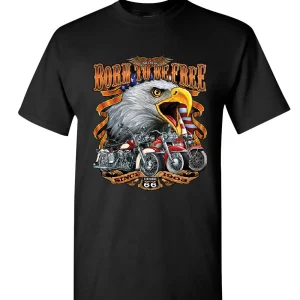 Born To Be Free Historic Route 66 Bald Eagle Motorcycle T-Shirt 100% Cotton O-Neck Short Sleeve Summer Casual Mens T-shirt