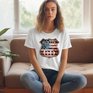 Vintage Route 66 Us Flag T Shirt Rustic Classic American Nostalgic Highway Retro